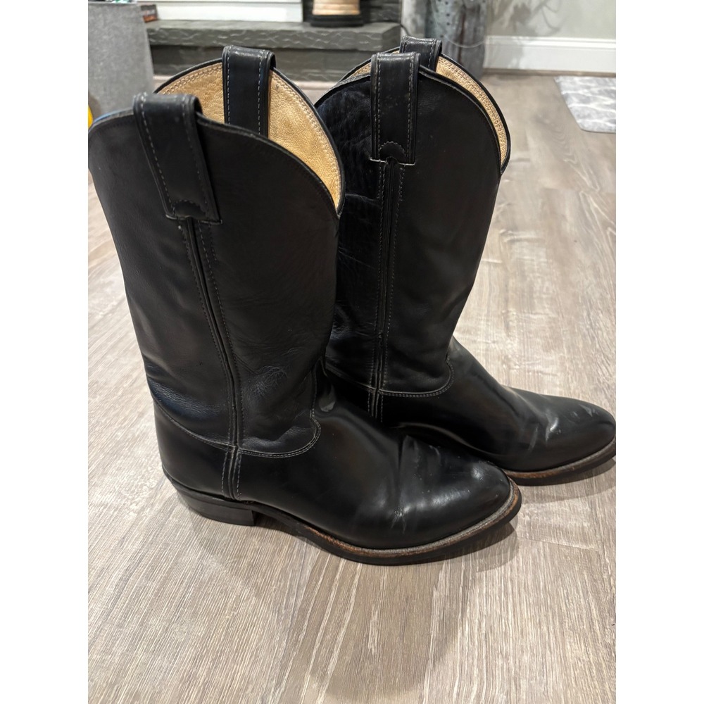 Men's Justin 3040 Black‎ Leather Cowboy Boots Western Style Pull On Boots 9C